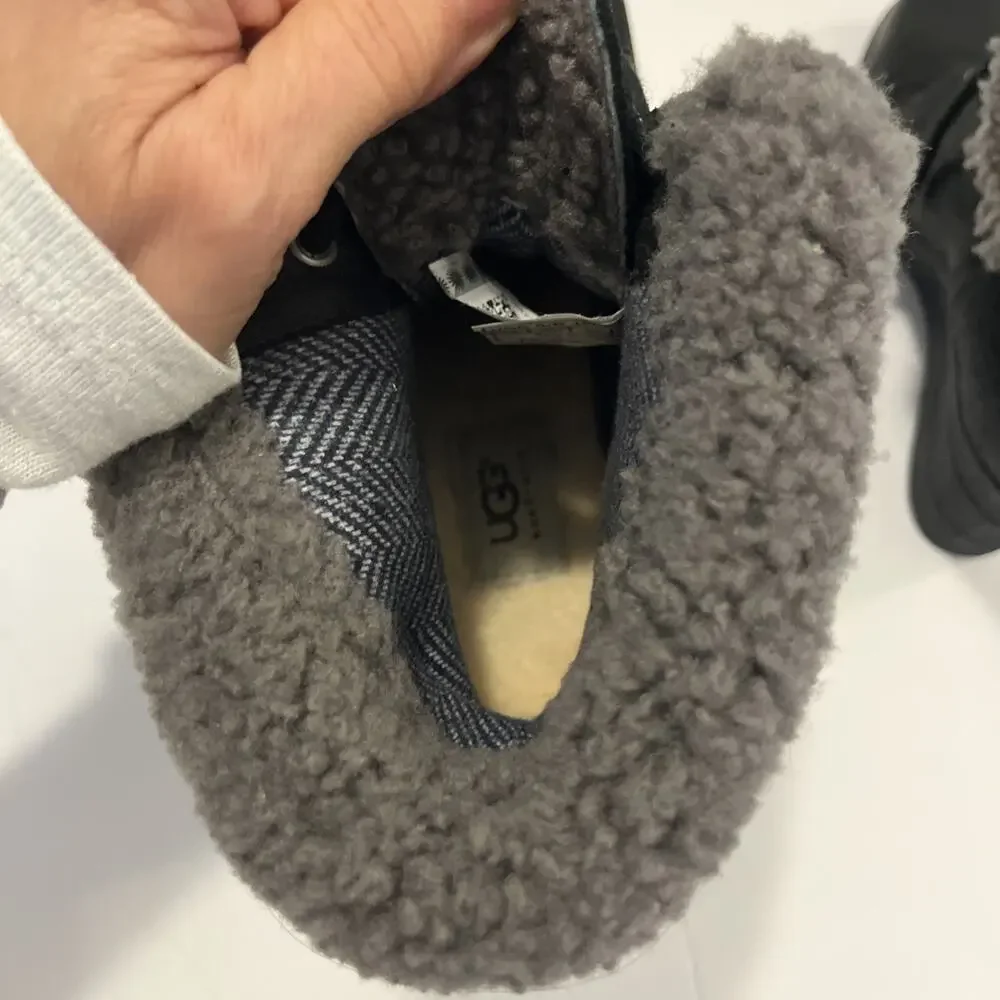 UGG Australia Winter Boots Women's Size 7 Zea Wedge Black Leather Sheepskin Cuff